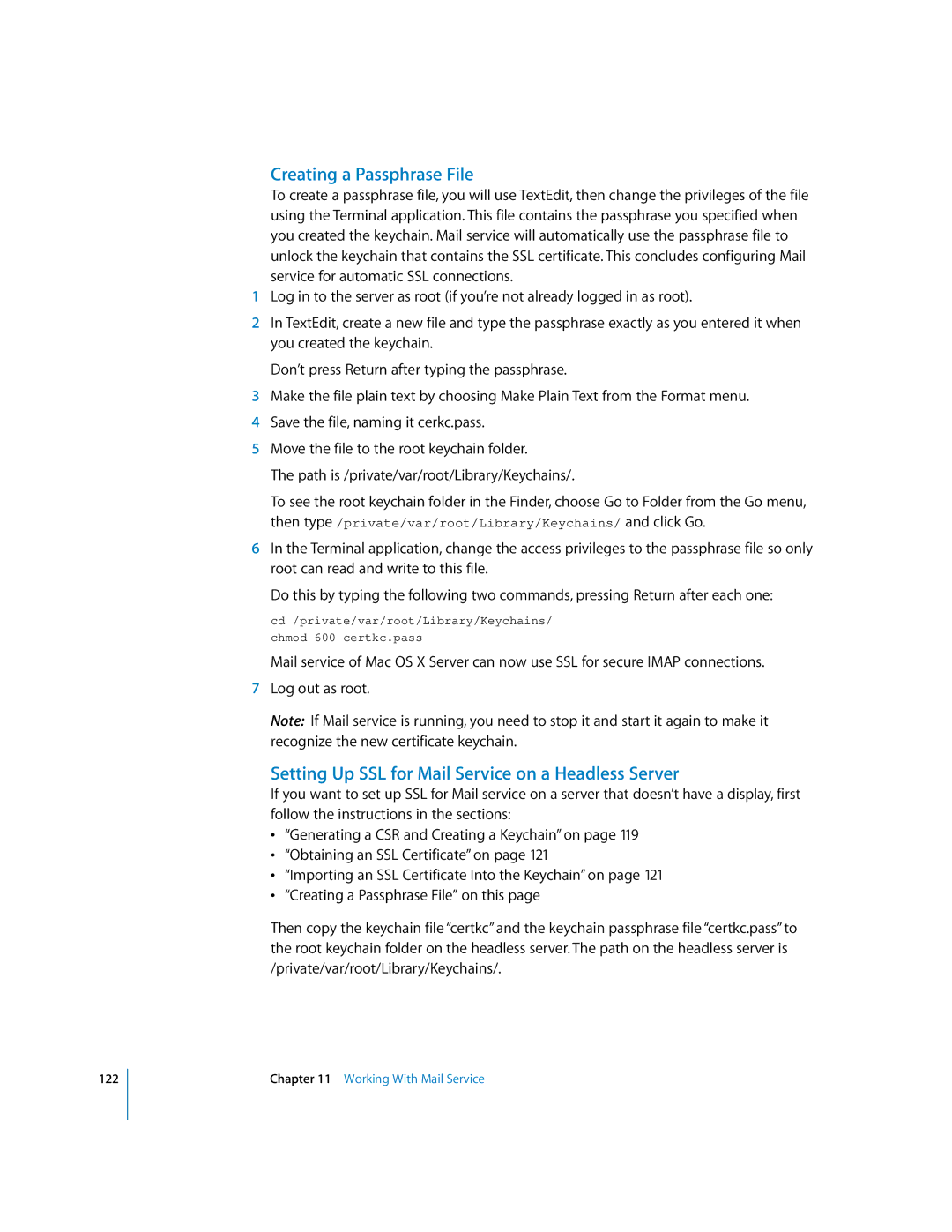 Apple oxs manual Creating a Passphrase File, Setting Up SSL for Mail Service on a Headless Server 