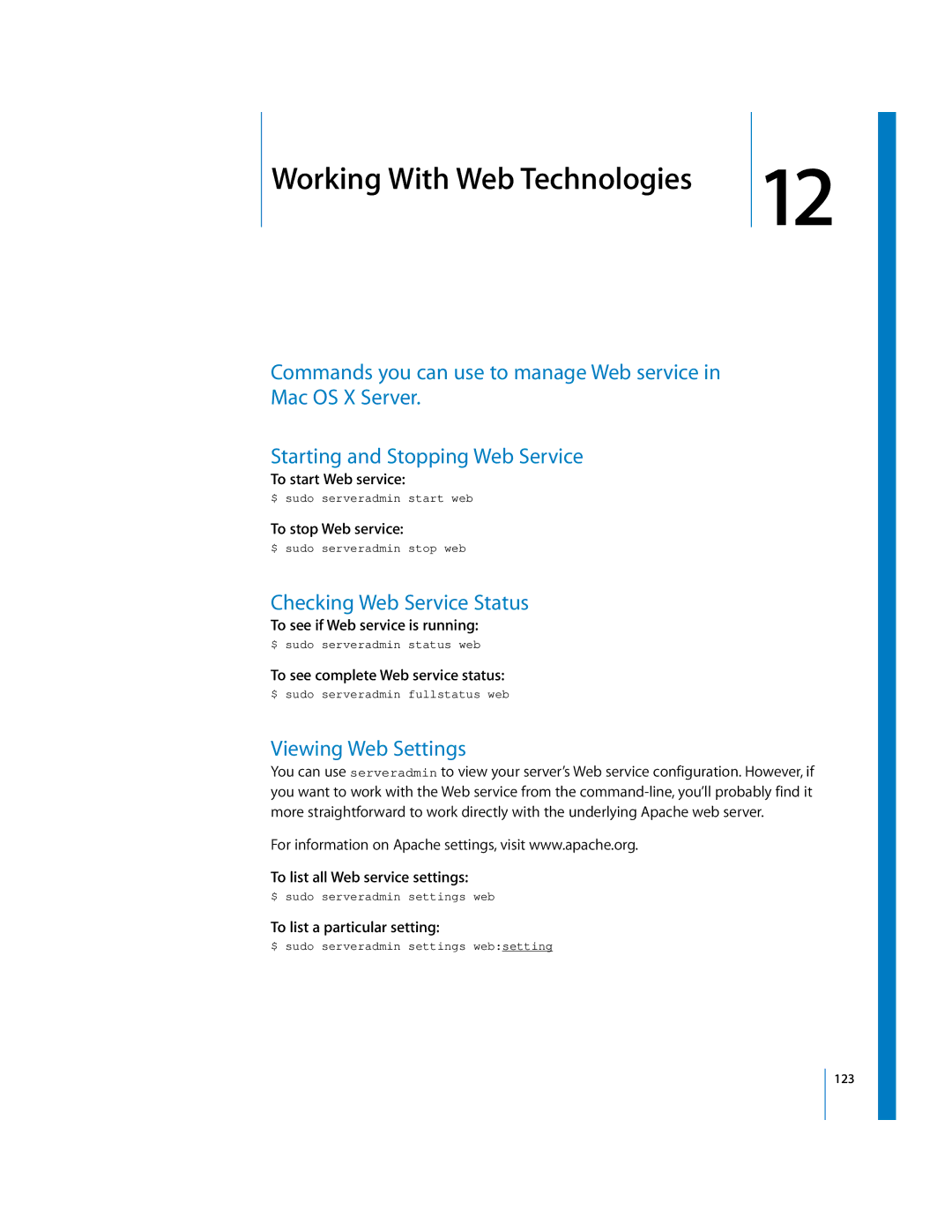 Apple oxs manual Checking Web Service Status, Viewing Web Settings 