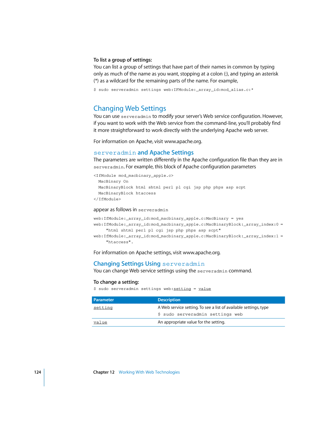 Apple oxs manual Changing Web Settings, Serveradmin and Apache Settings, Changing Settings Using serveradmin 