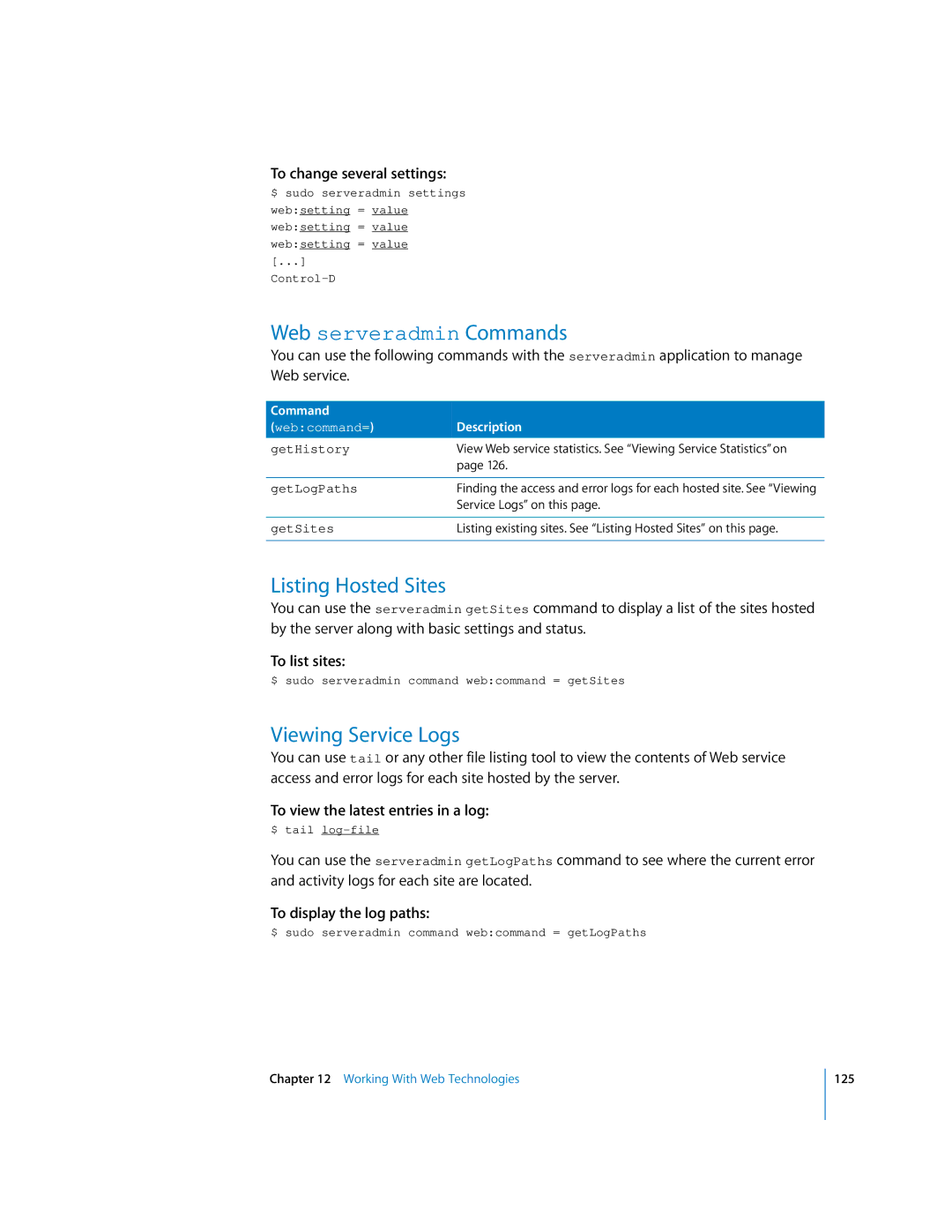 Apple oxs manual Web serveradmin Commands, Listing Hosted Sites, Viewing Service Logs, To list sites 