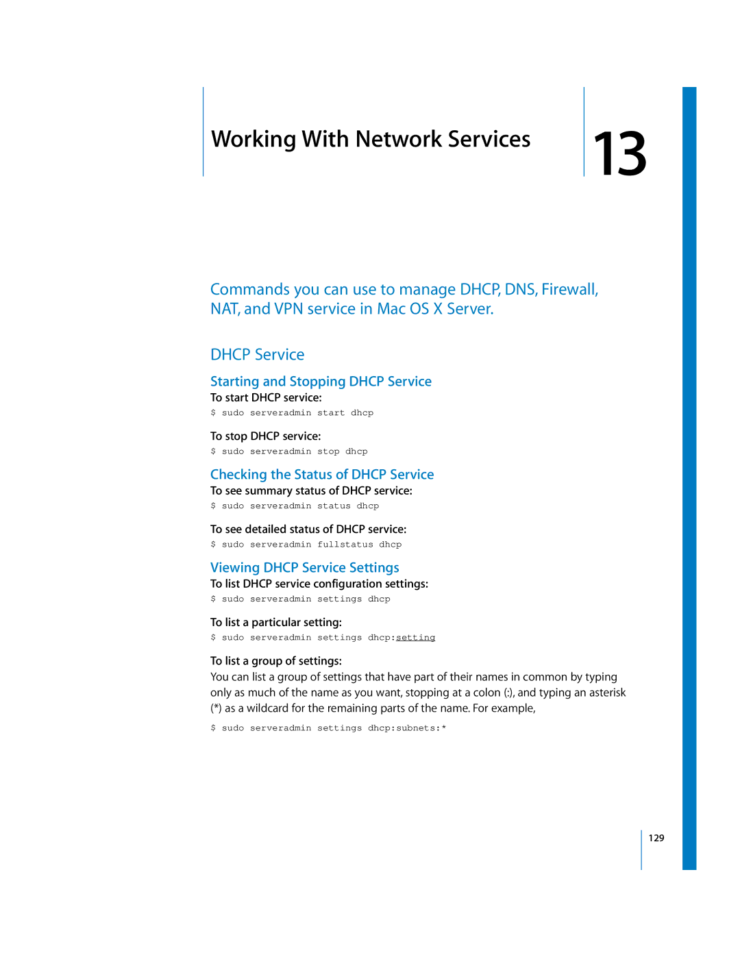 Apple oxs manual Starting and Stopping Dhcp Service, Checking the Status of Dhcp Service, Viewing Dhcp Service Settings 