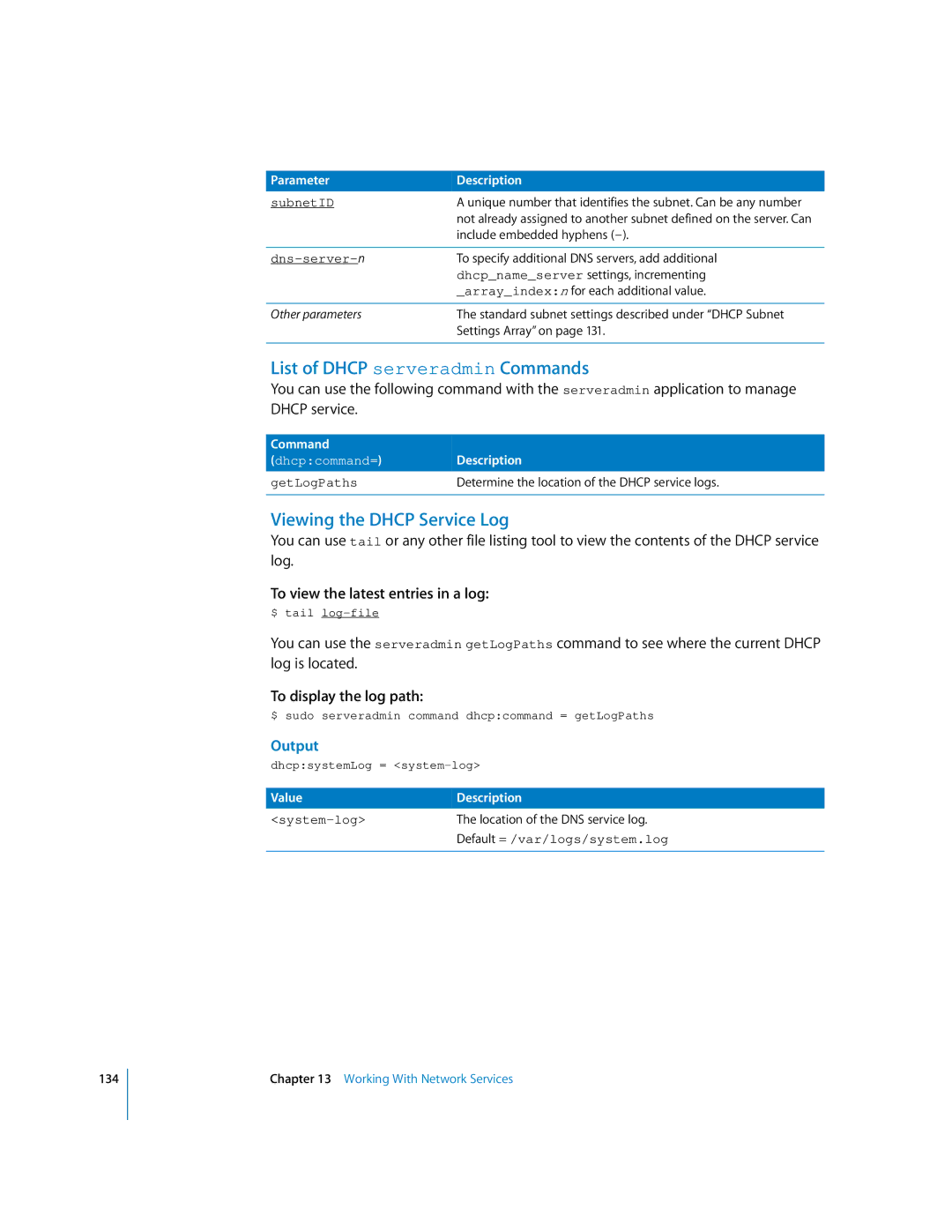 Apple oxs manual List of Dhcp serveradmin Commands, Viewing the Dhcp Service Log, To display the log path 