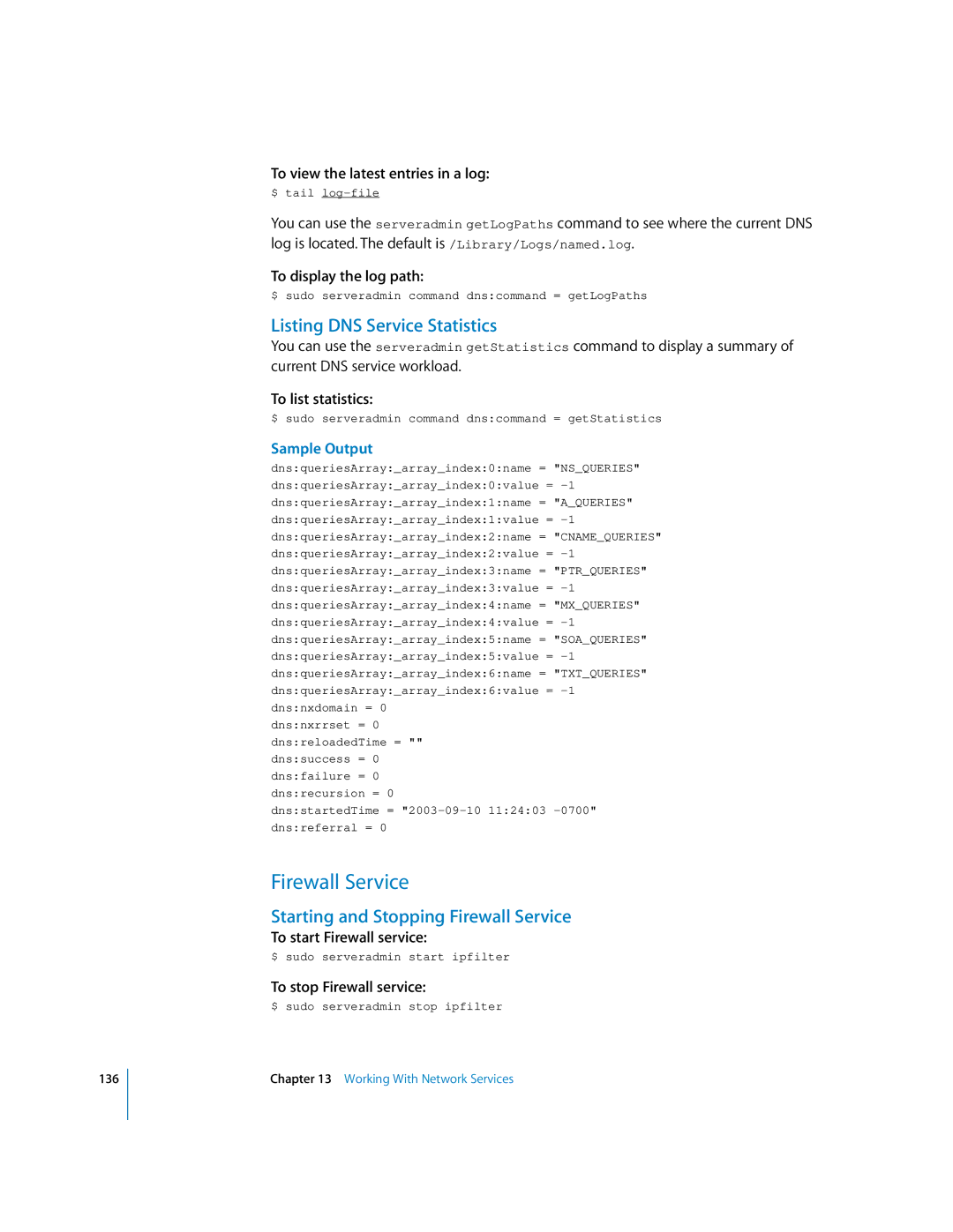 Apple oxs manual Listing DNS Service Statistics, Starting and Stopping Firewall Service, Sample Output 