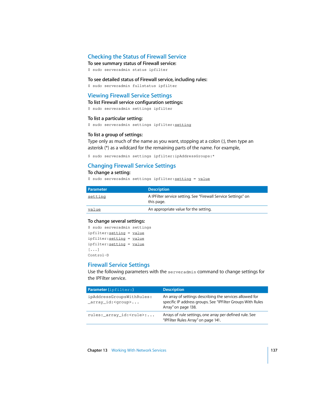 Apple oxs Checking the Status of Firewall Service, Viewing Firewall Service Settings, Changing Firewall Service Settings 