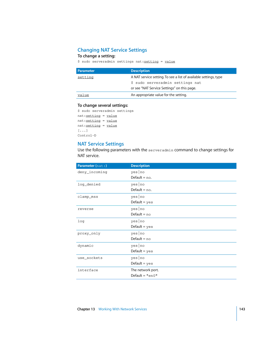 Apple oxs manual Changing NAT Service Settings, Parameter nat Description 