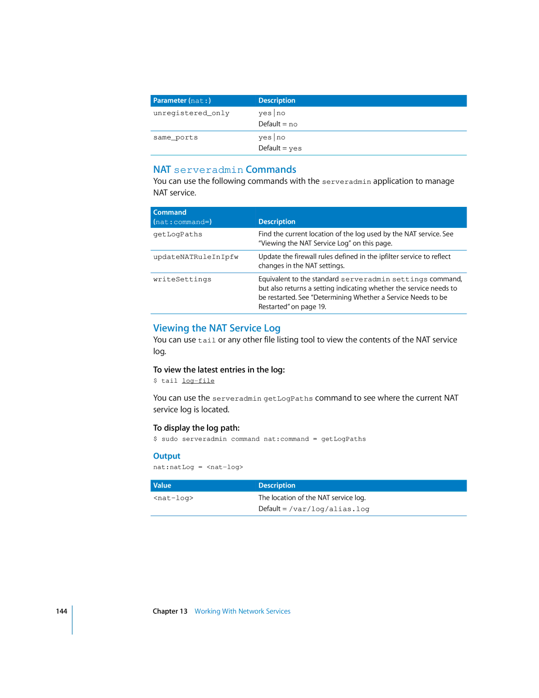 Apple oxs manual NAT serveradmin Commands, Viewing the NAT Service Log, Parameter natDescription 