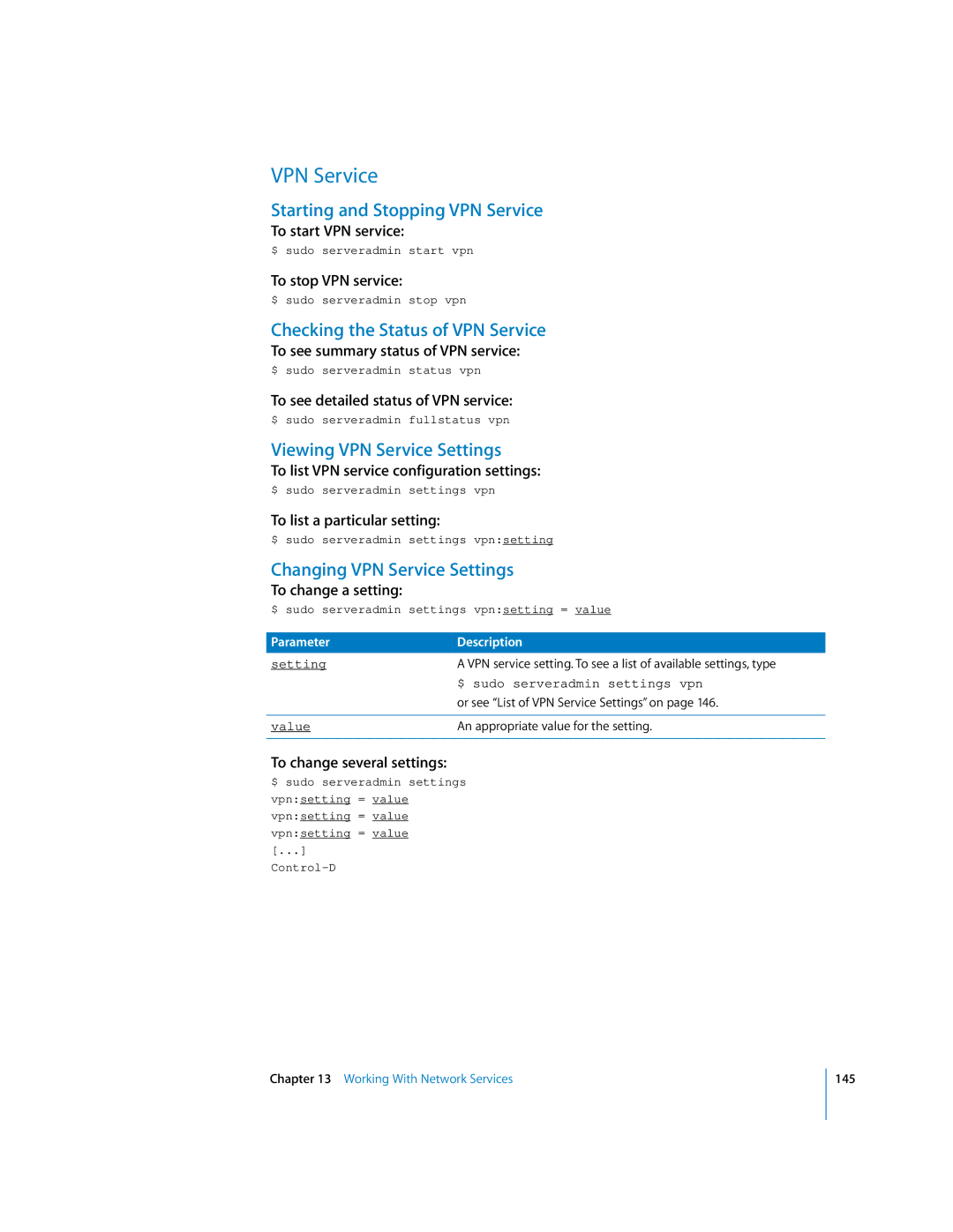 Apple oxs manual Starting and Stopping VPN Service, Checking the Status of VPN Service, Viewing VPN Service Settings 