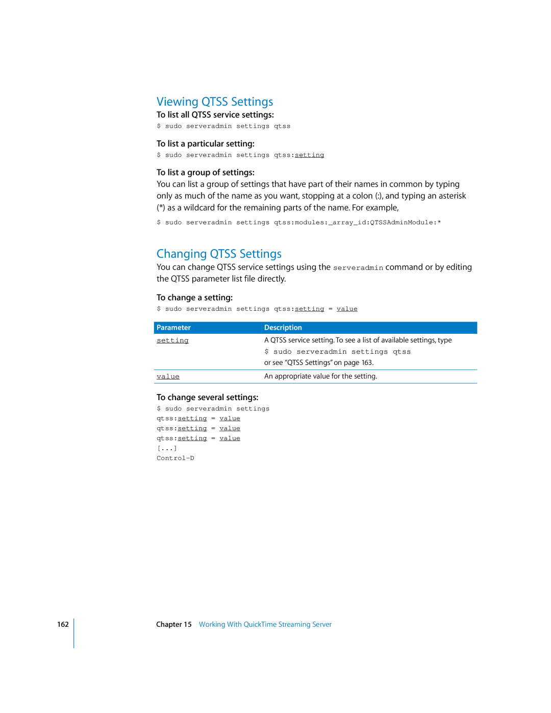 Apple oxs manual Viewing Qtss Settings, Changing Qtss Settings, To list all Qtss service settings 