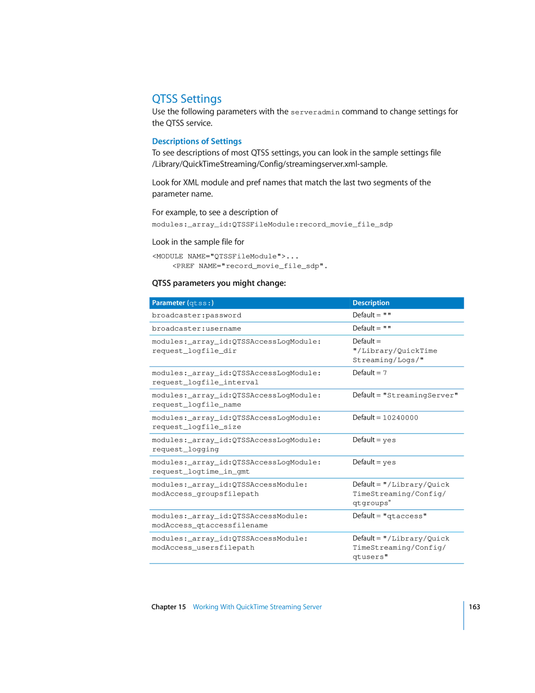 Apple oxs manual Qtss Settings, Descriptions of Settings, Qtss parameters you might change, Parameter qtss Description 