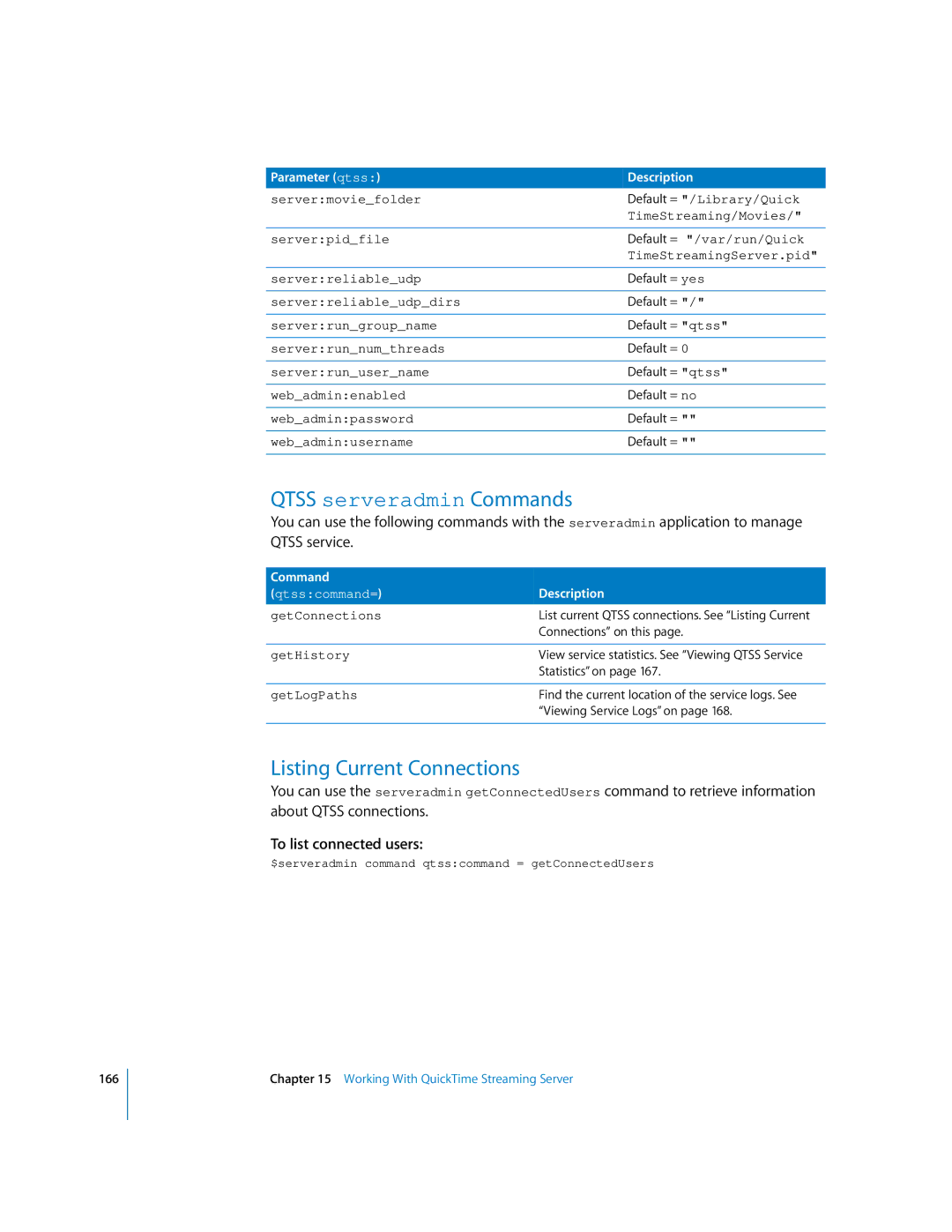 Apple oxs manual Qtss serveradmin Commands, Listing Current Connections 