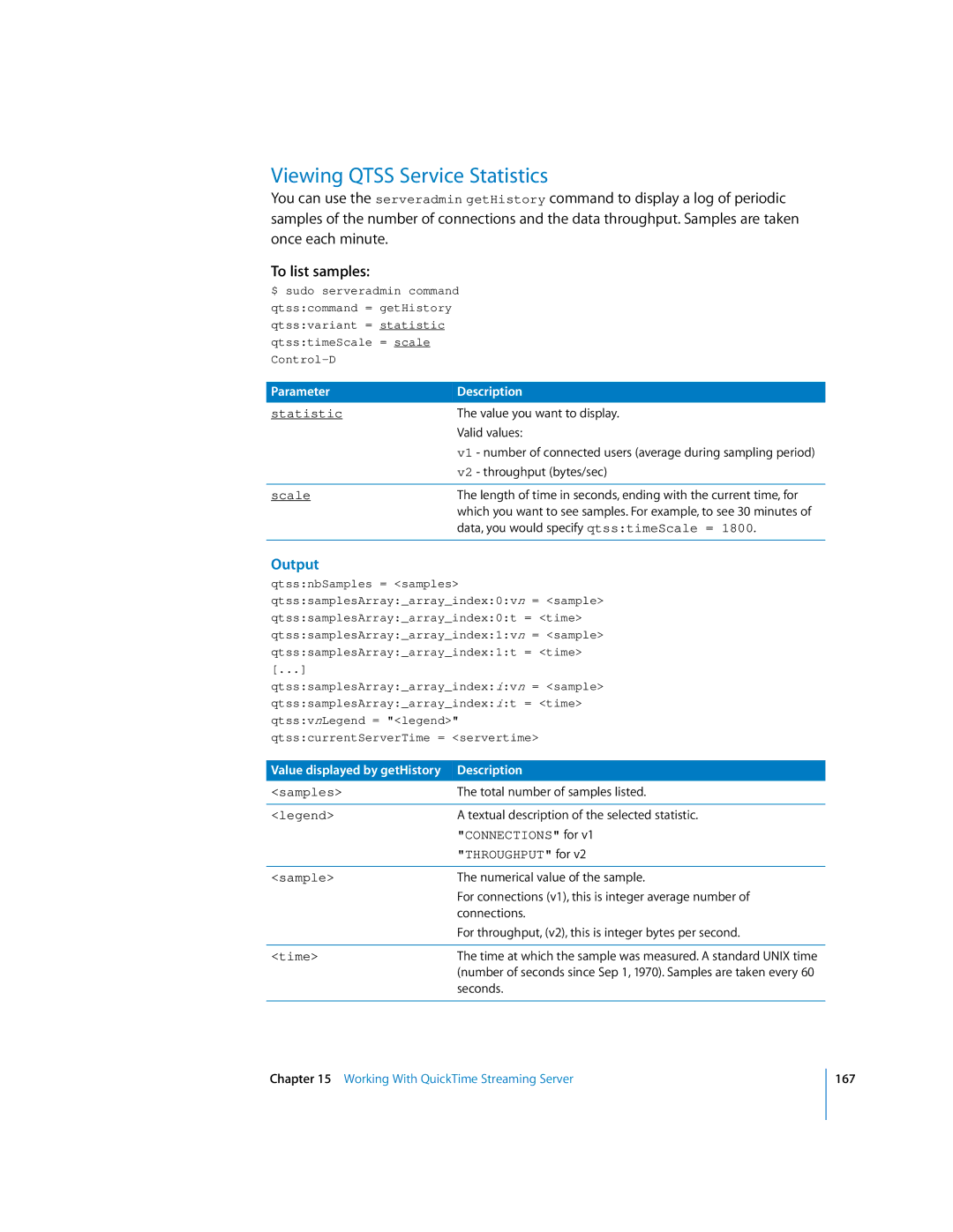 Apple oxs manual Viewing Qtss Service Statistics, To list samples 