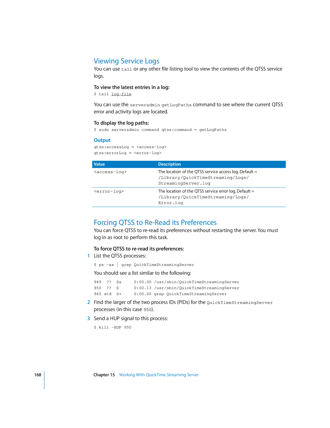 Apple oxs manual Forcing Qtss to Re-Read its Preferences, To force Qtss to re-read its preferences, StreamingServer.log 