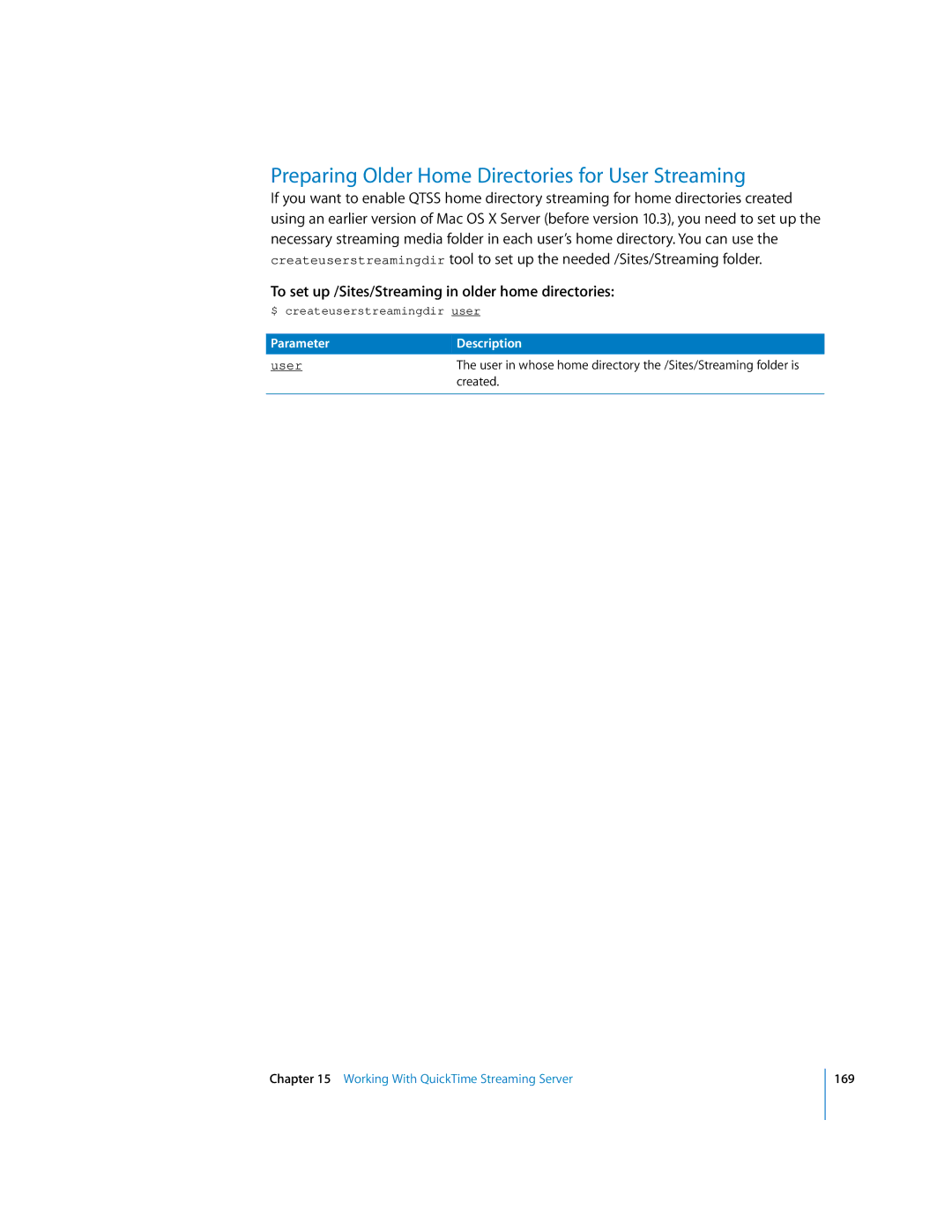 Apple oxs manual Preparing Older Home Directories for User Streaming, To set up /Sites/Streaming in older home directories 