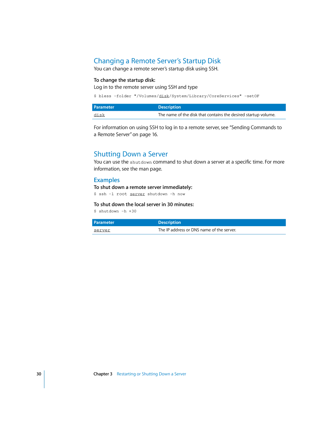 Apple oxs manual Changing a Remote Server’s Startup Disk, Shutting Down a Server, To change the startup disk 