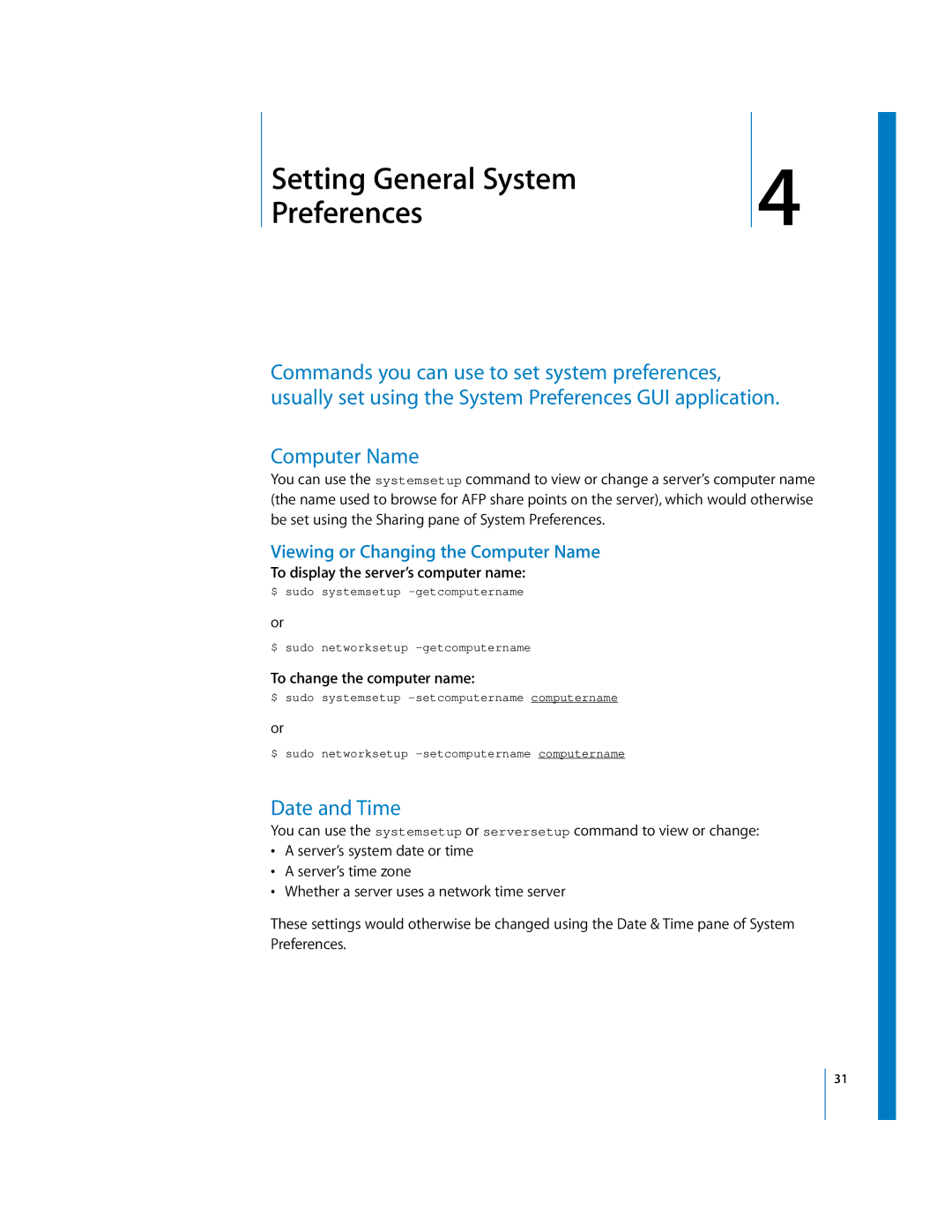 Apple oxs manual Date and Time, Viewing or Changing the Computer Name, To display the server’s computer name 