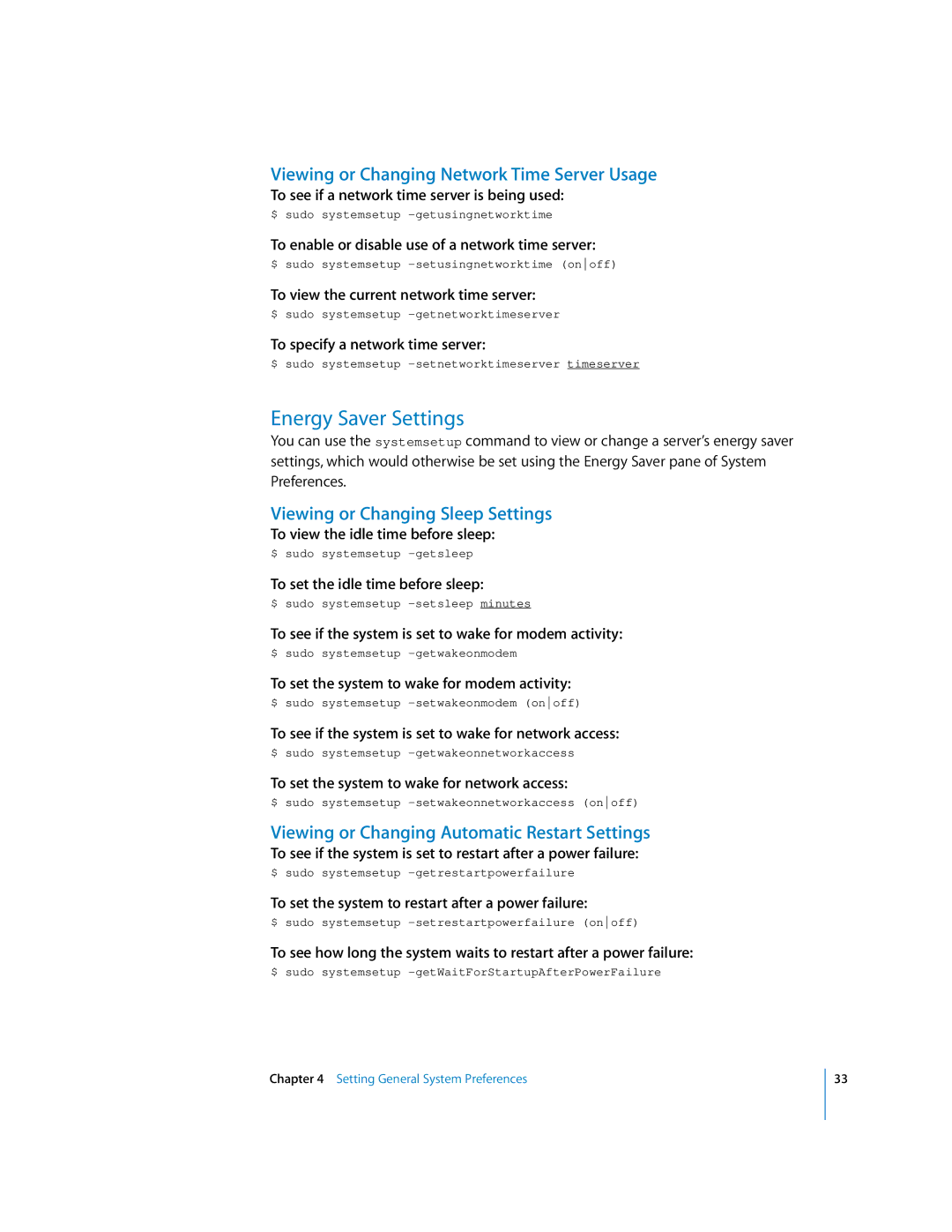 Apple oxs manual Energy Saver Settings, Viewing or Changing Network Time Server Usage, Viewing or Changing Sleep Settings 