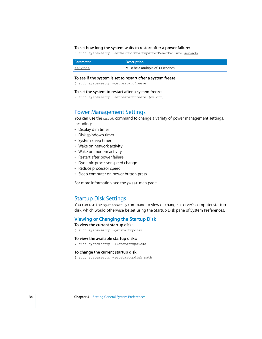 Apple oxs manual Power Management Settings, Startup Disk Settings, Viewing or Changing the Startup Disk 