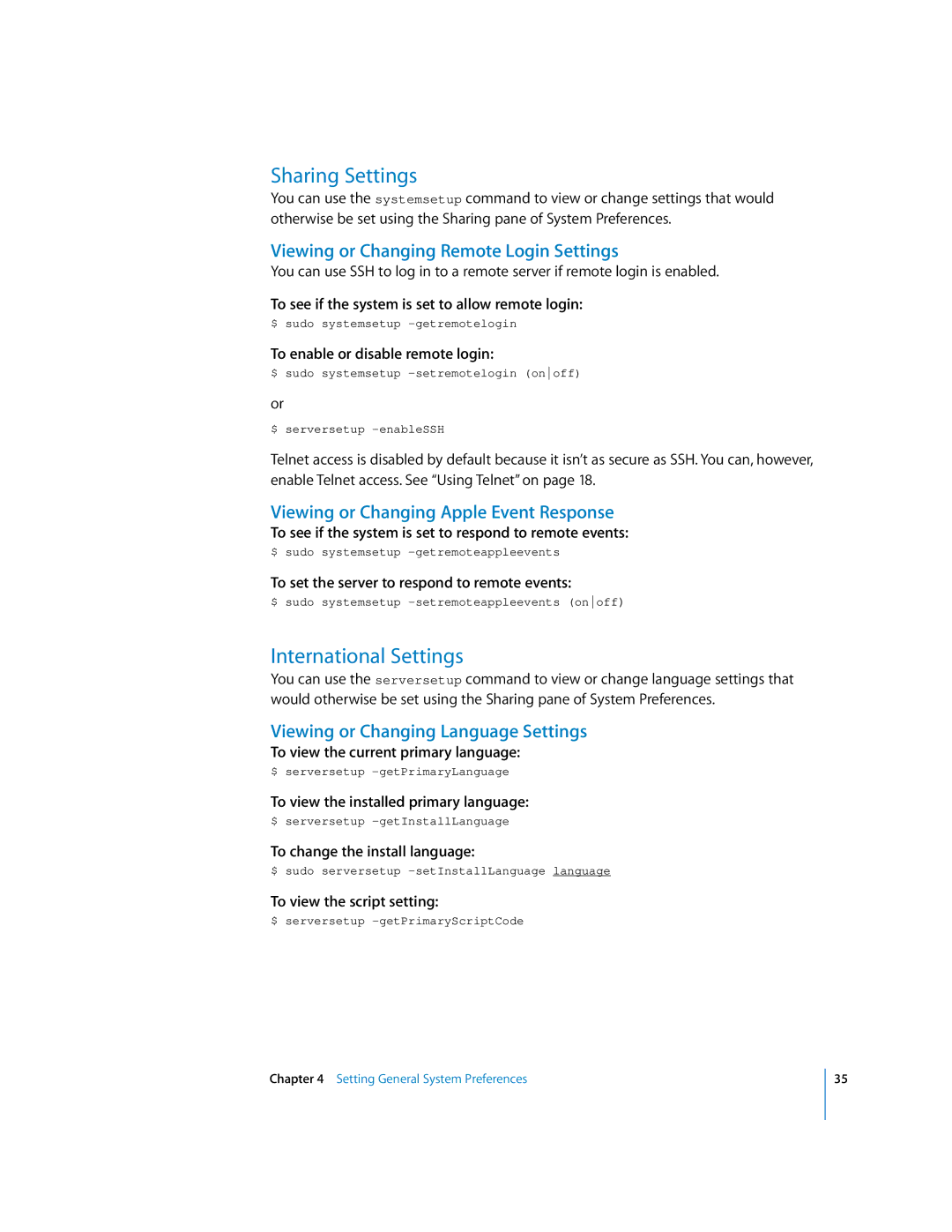 Apple oxs manual Sharing Settings, International Settings, Viewing or Changing Remote Login Settings 