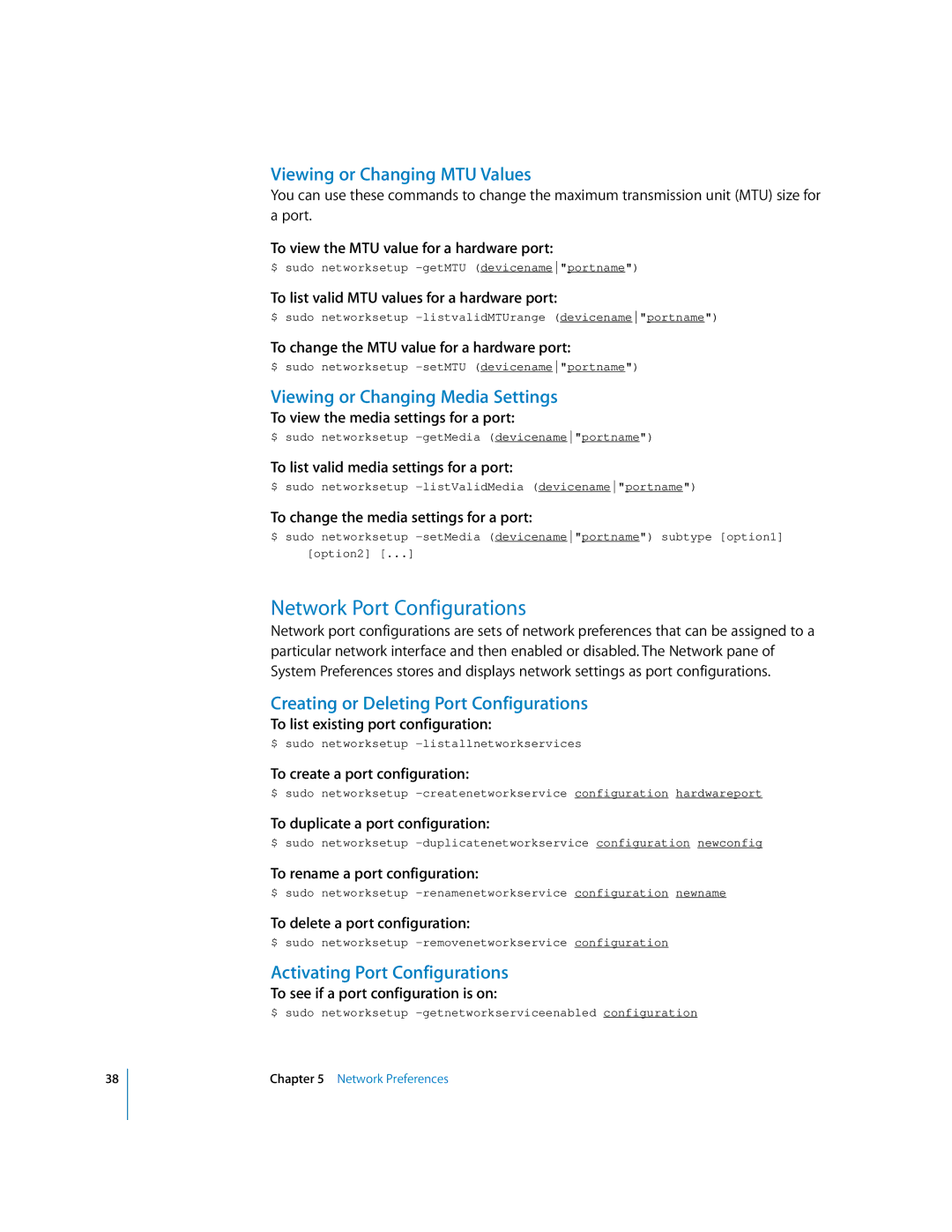 Apple oxs manual Network Port Configurations, Viewing or Changing MTU Values, Viewing or Changing Media Settings 