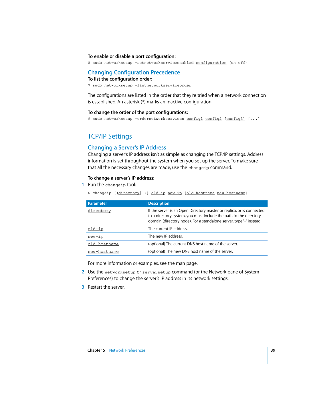 Apple oxs manual TCP/IP Settings, Changing Configuration Precedence, Changing a Server’s IP Address 