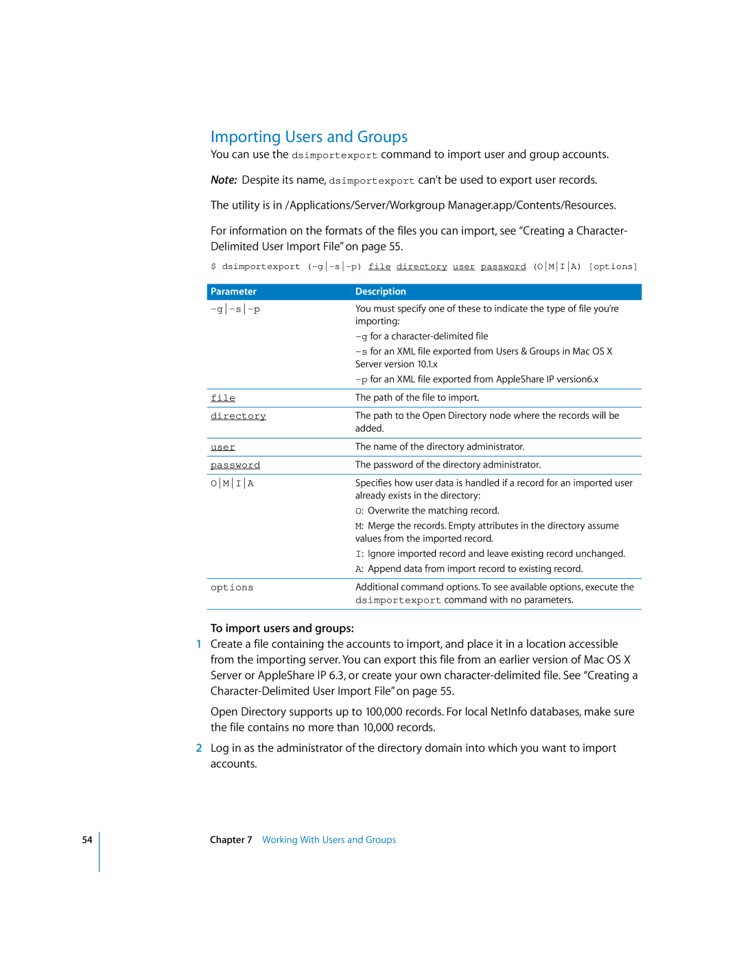 Apple oxs manual Importing Users and Groups, To import users and groups 