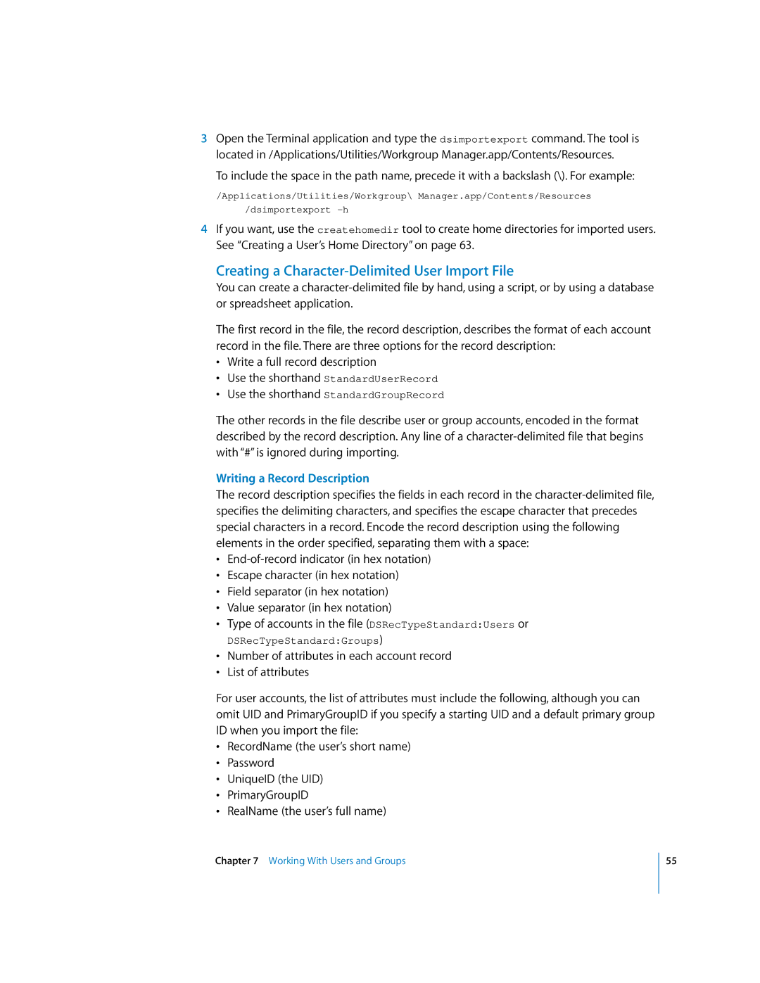 Apple oxs manual Creating a Character-Delimited User Import File, Writing a Record Description, DSRecTypeStandardGroups 