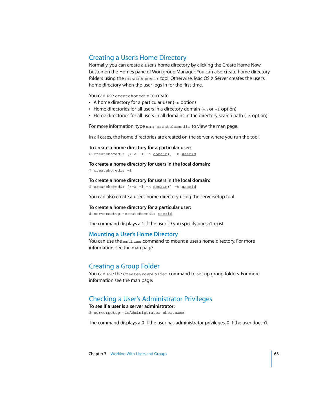Apple oxs manual Creating a User’s Home Directory, Creating a Group Folder, Checking a User’s Administrator Privileges 