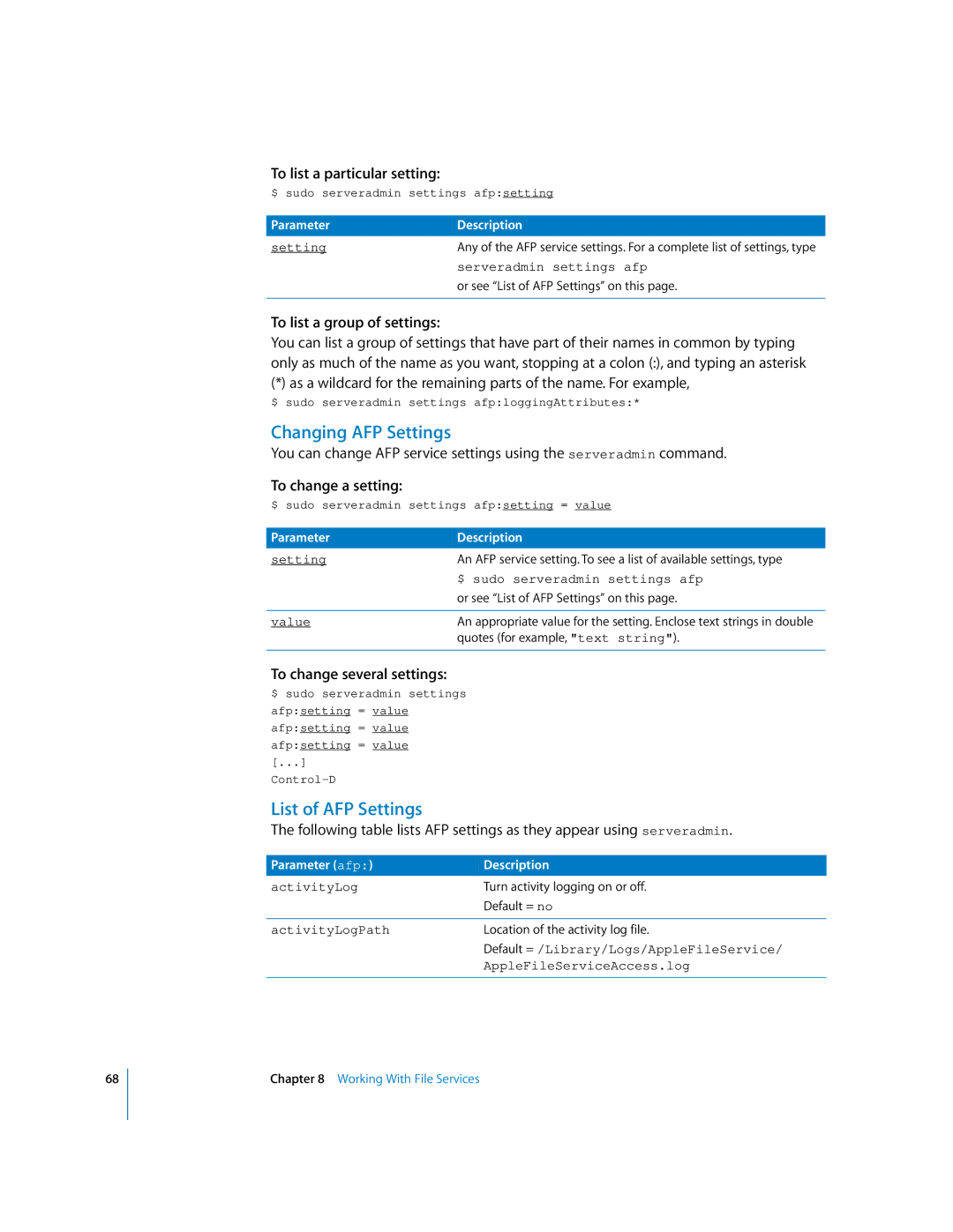 Apple oxs manual Changing AFP Settings, List of AFP Settings 