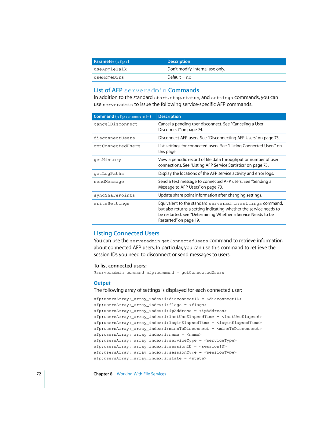 Apple oxs manual List of AFP serveradmin Commands, Listing Connected Users, To list connected users, Output 