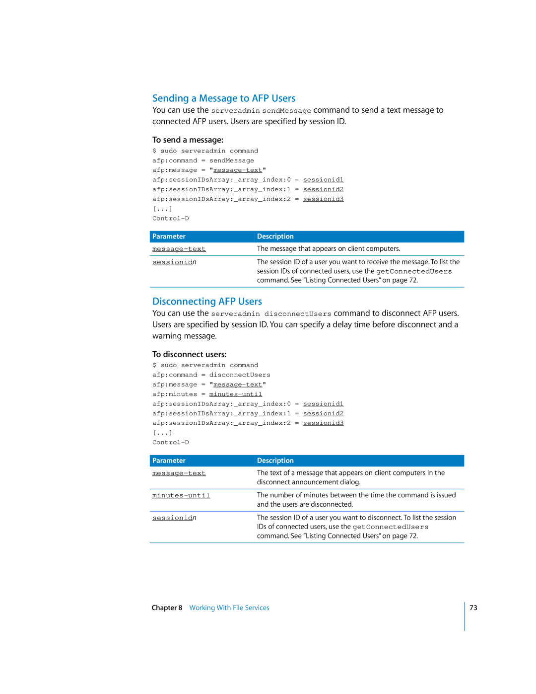 Apple oxs manual Sending a Message to AFP Users, Disconnecting AFP Users, To send a message, To disconnect users 