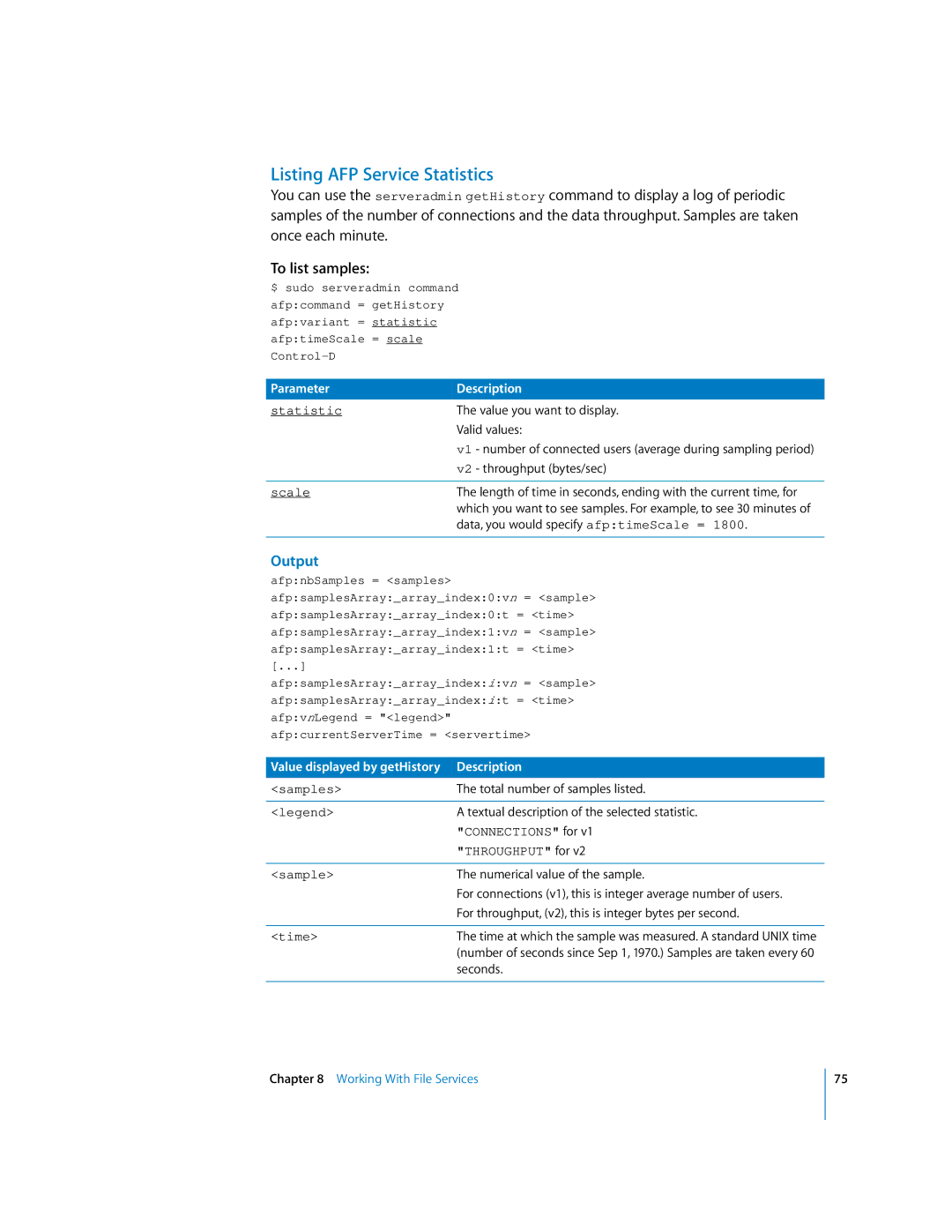 Apple oxs manual Listing AFP Service Statistics, To list samples 