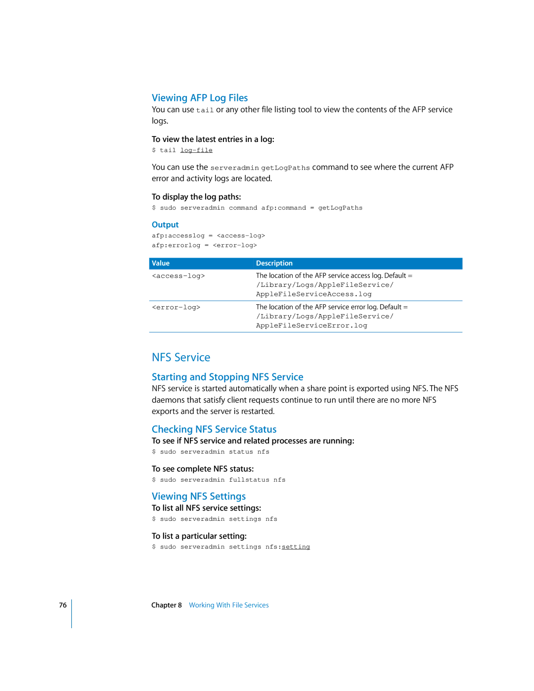 Apple oxs Viewing AFP Log Files, Starting and Stopping NFS Service, Checking NFS Service Status, Viewing NFS Settings 