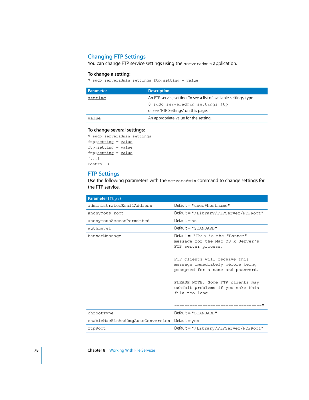 Apple oxs manual Changing FTP Settings, Parameter ftp 