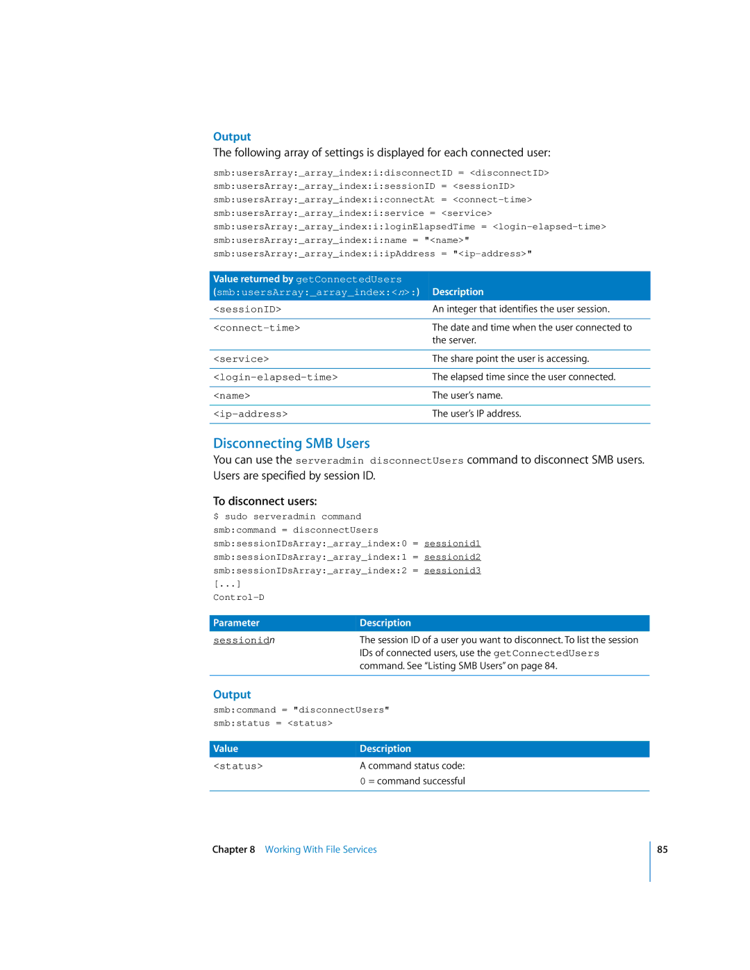 Apple oxs manual Disconnecting SMB Users, Value returned by getConnectedUsers 