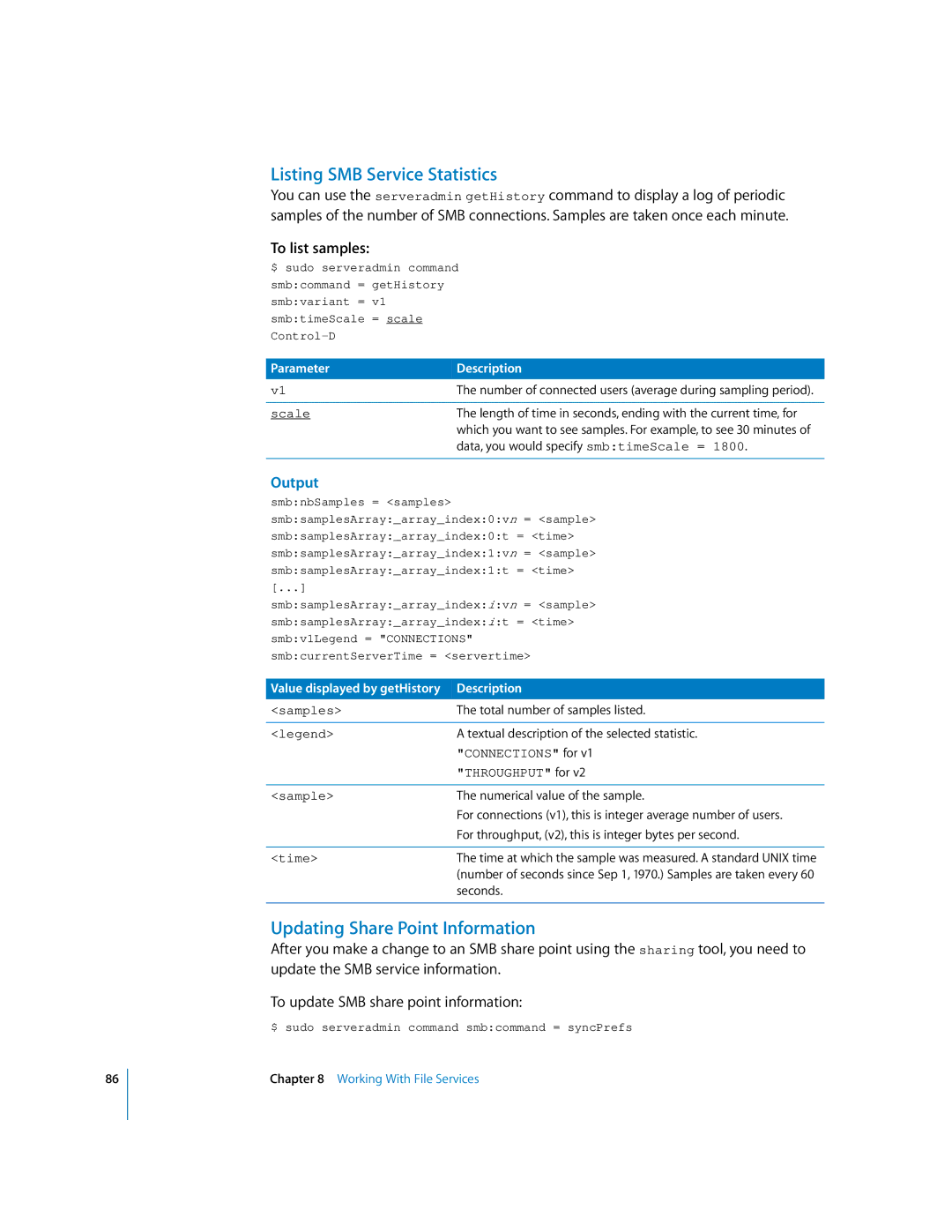 Apple oxs manual Listing SMB Service Statistics, Updating Share Point Information 