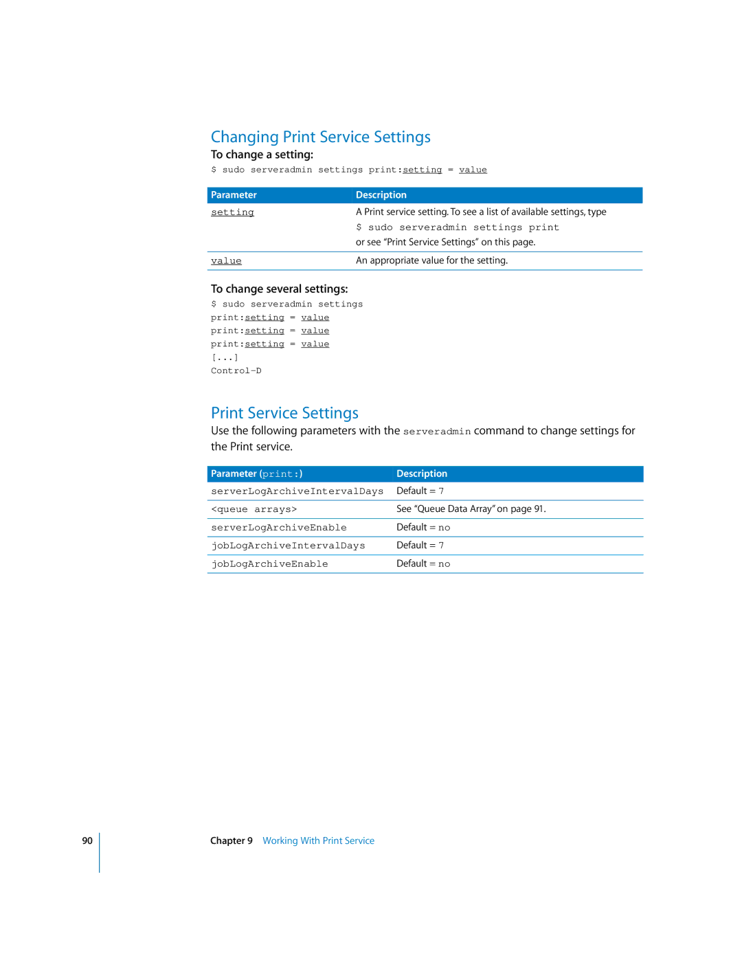 Apple oxs manual Changing Print Service Settings, Parameter print Description 