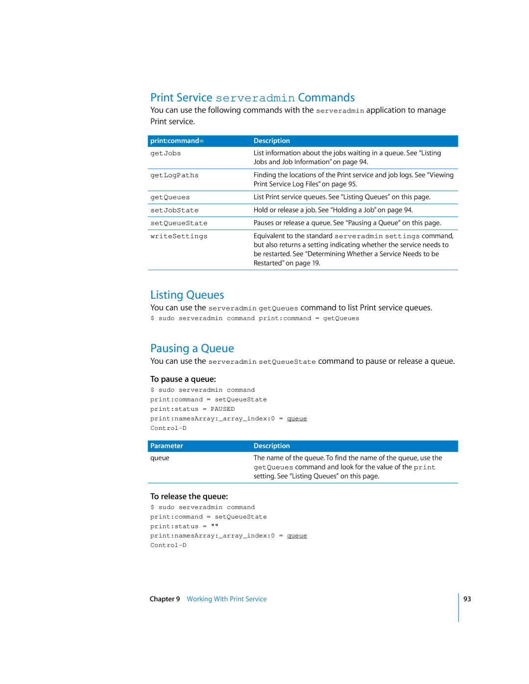 Apple oxs Print Service serveradmin Commands, Listing Queues, Pausing a Queue, To pause a queue, To release the queue 