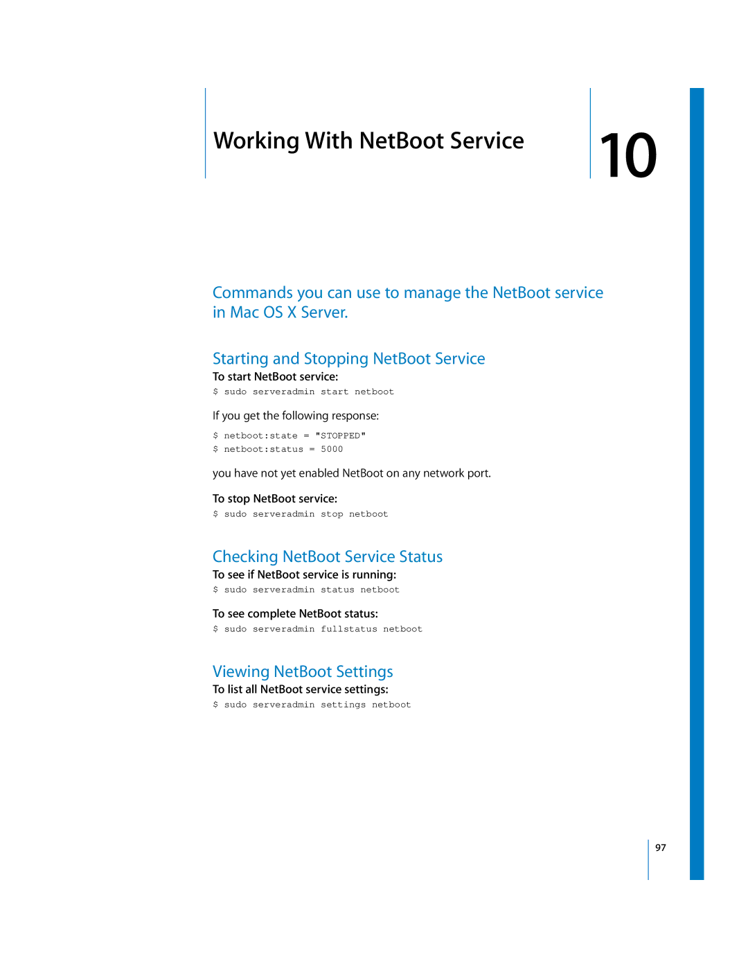 Apple oxs manual Checking NetBoot Service Status, Viewing NetBoot Settings 