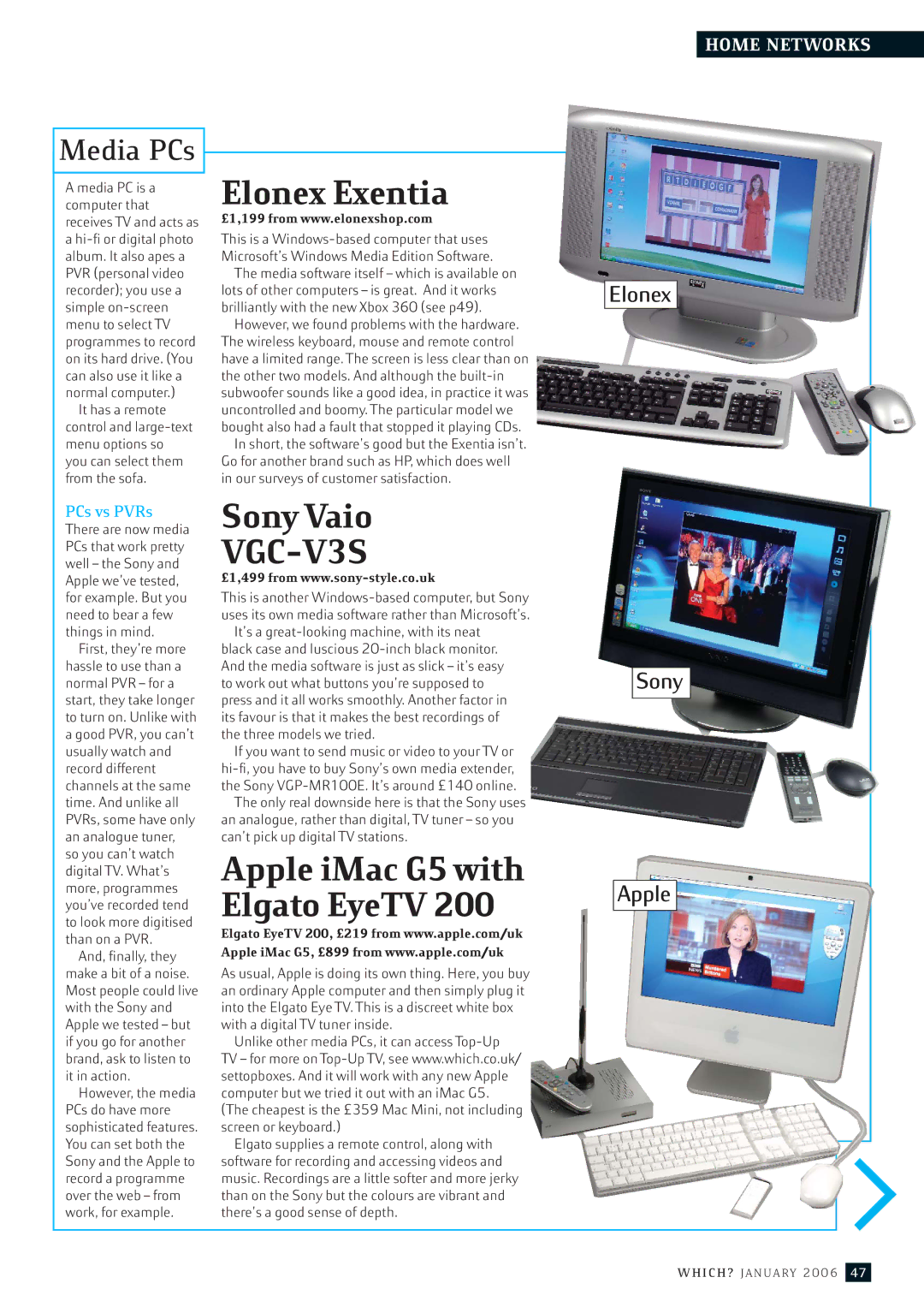 Apple p44-49 manual Elonex Exentia, SonyVaio, VGC-V3S, Apple iMac G5with Elgato EyeTV200, Media PCs 