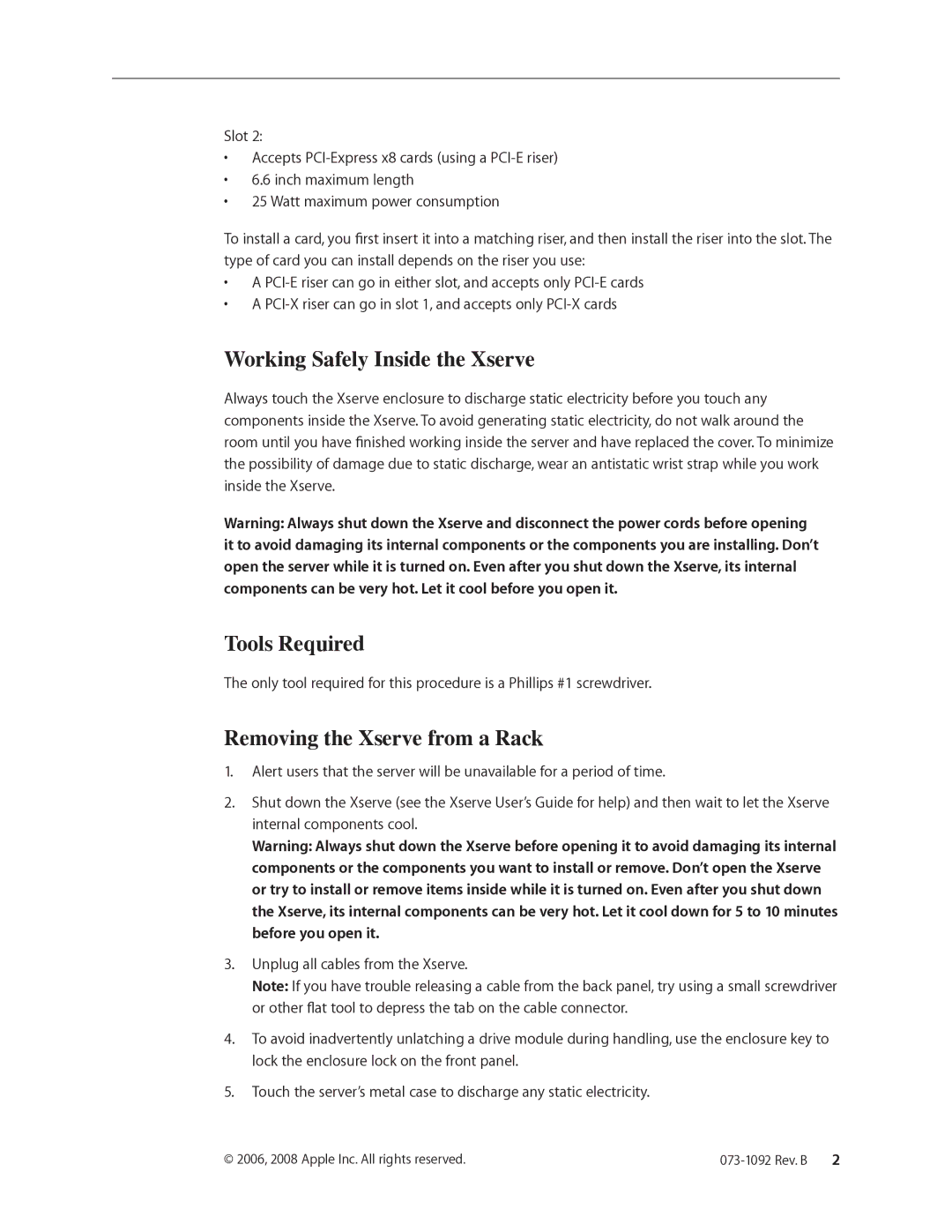 Apple PCI-E x8, PCI-X 133 warranty Working Safely Inside the Xserve, Tools Required, Removing the Xserve from a Rack 