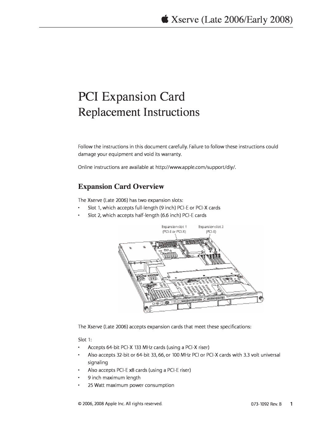 Apple PCI-X 133 warranty Expansion Card Overview, PCI Expansion Card, Replacement Instructions,  Xserve Late 2006/Early 