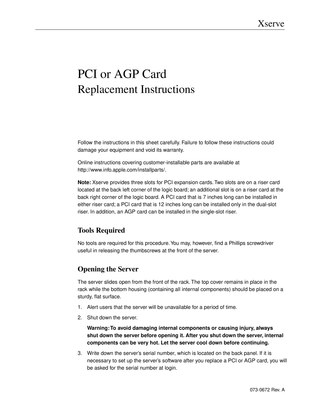 Apple PCI or AGP Card warranty Tools Required, Opening the Server 