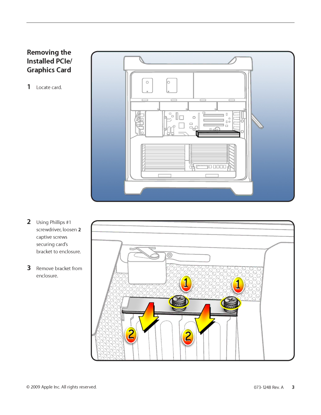 Apple PCIe/Graphics Card warranty Removing Installed PCIe Graphics Card, Locate card, Remove bracket from enclosure 