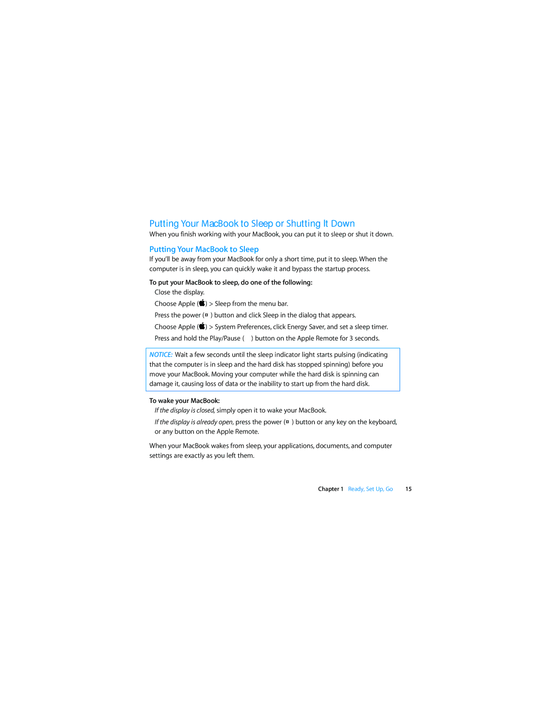 Apple Personal Computer manual Putting Your MacBook to Sleep or Shutting It Down, To wake your MacBook 