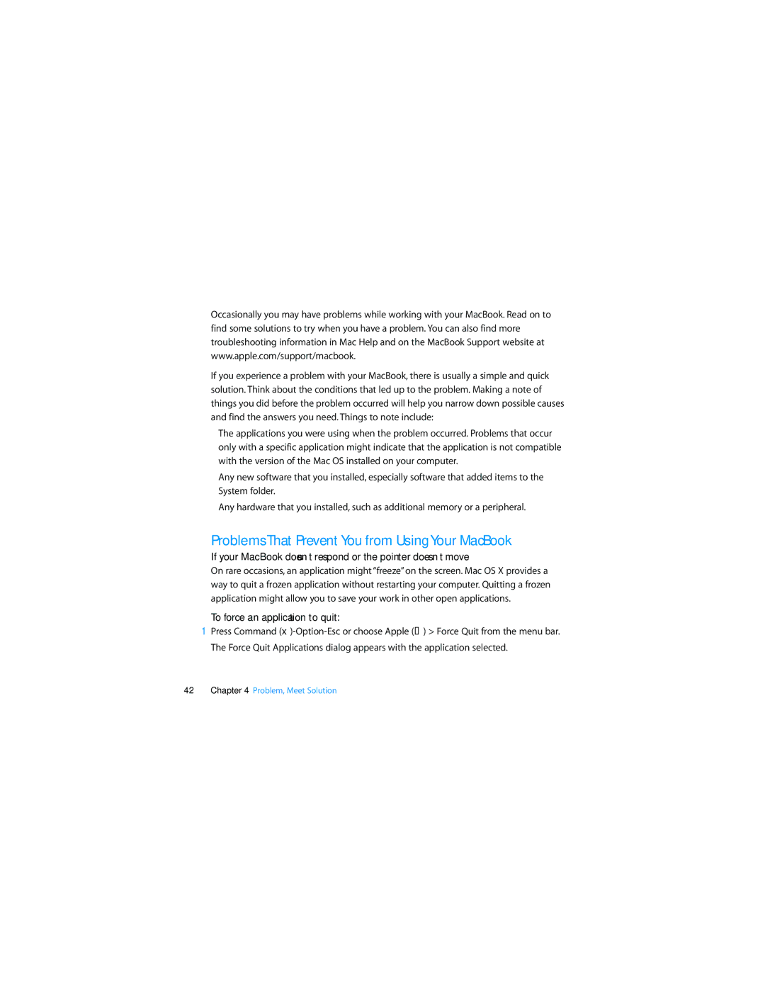 Apple Personal Computer manual Problems That Prevent You from Using Your MacBook, To force an application to quit 