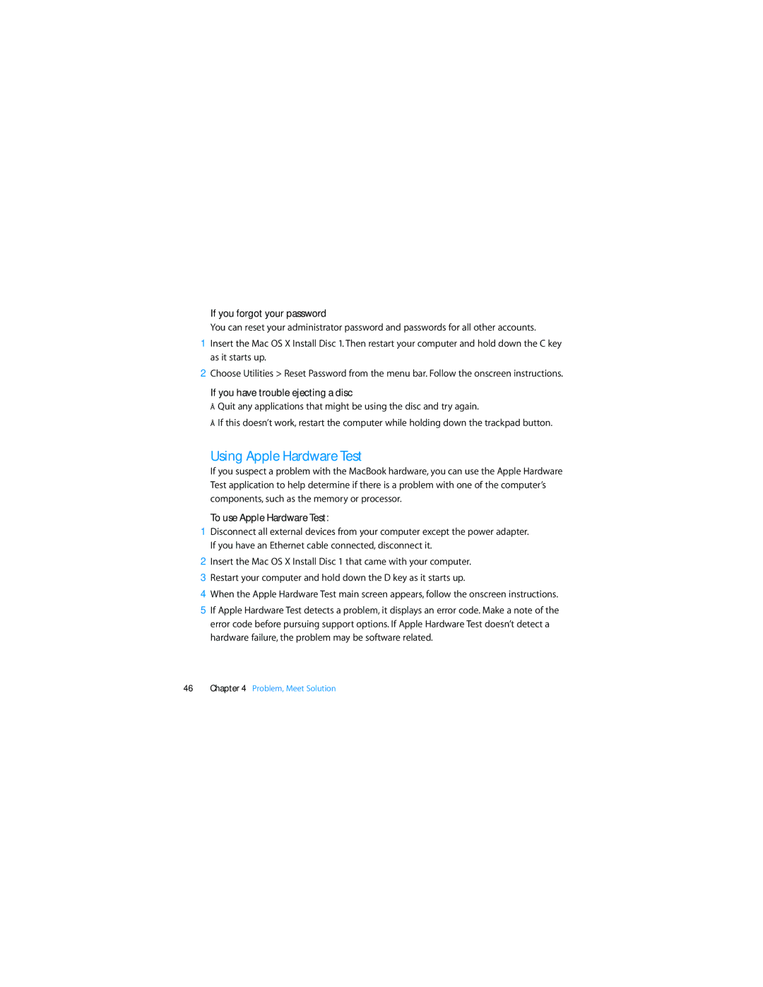 Apple Personal Computer manual Using Apple Hardware Test, If you forgot your password, If you have trouble ejecting a disc 