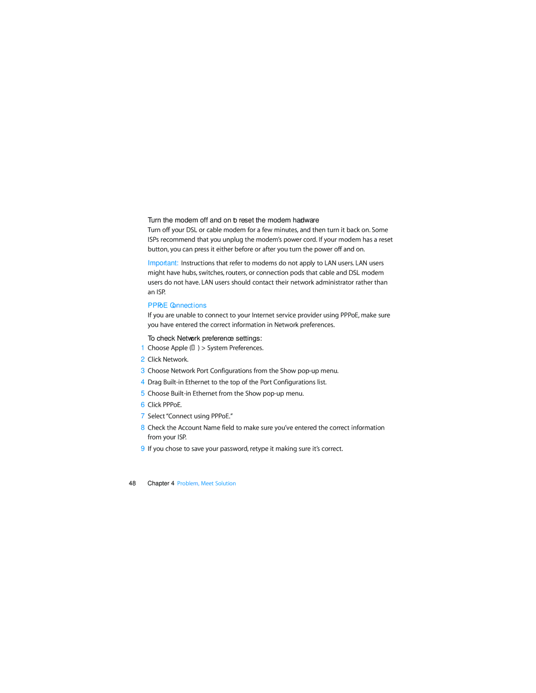 Apple Personal Computer manual Turn the modem off and on to reset the modem hardware, PPPoE Connections 