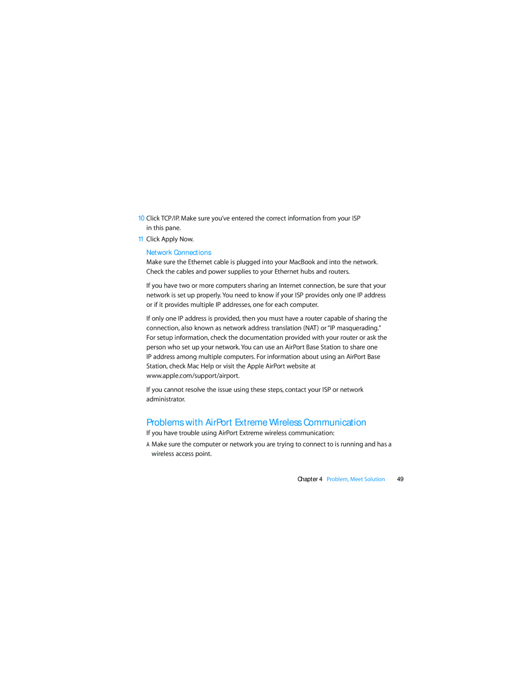 Apple Personal Computer manual Problems with AirPort Extreme Wireless Communication, Network Connections 