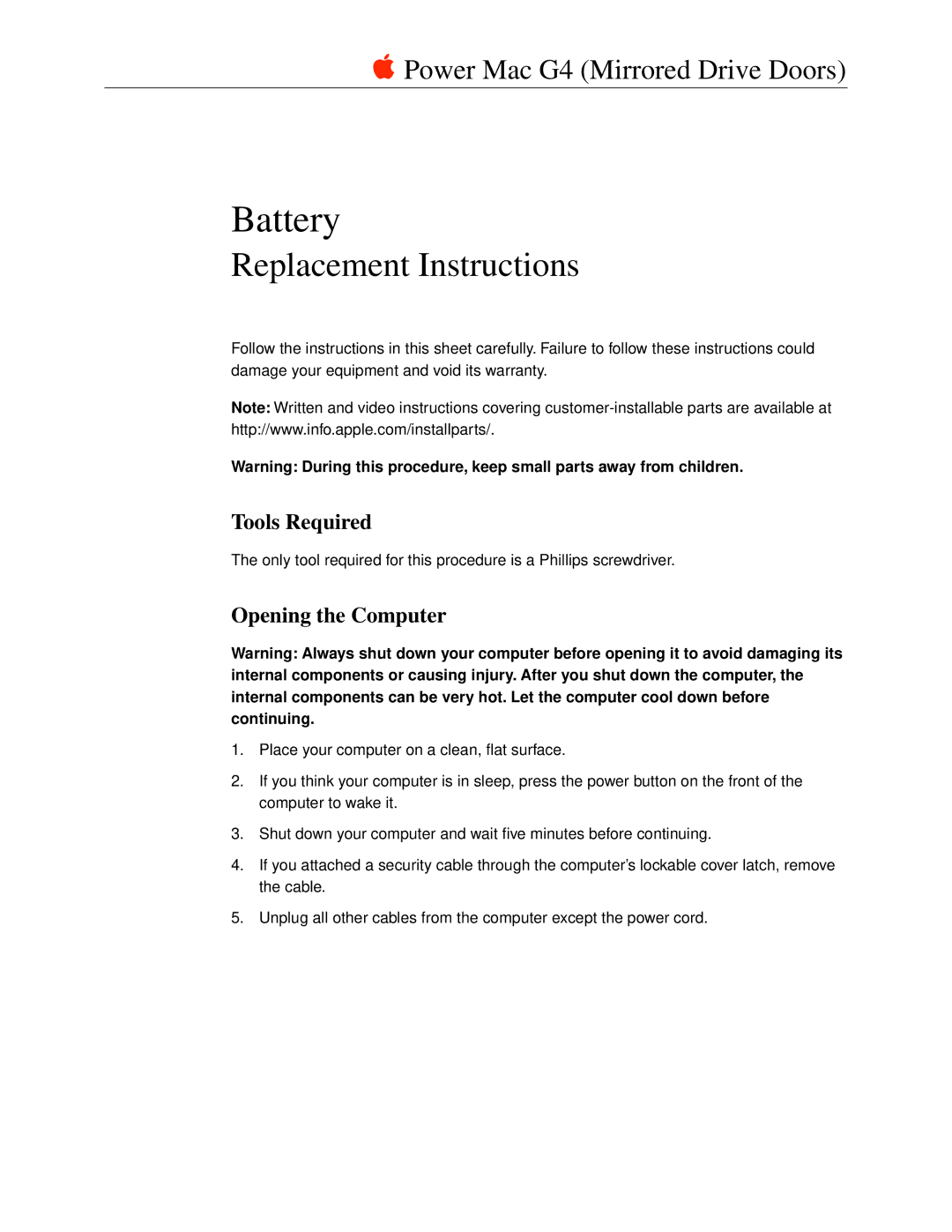 Apple Power Mac G4 Battery warranty Tools Required, Opening the Computer 