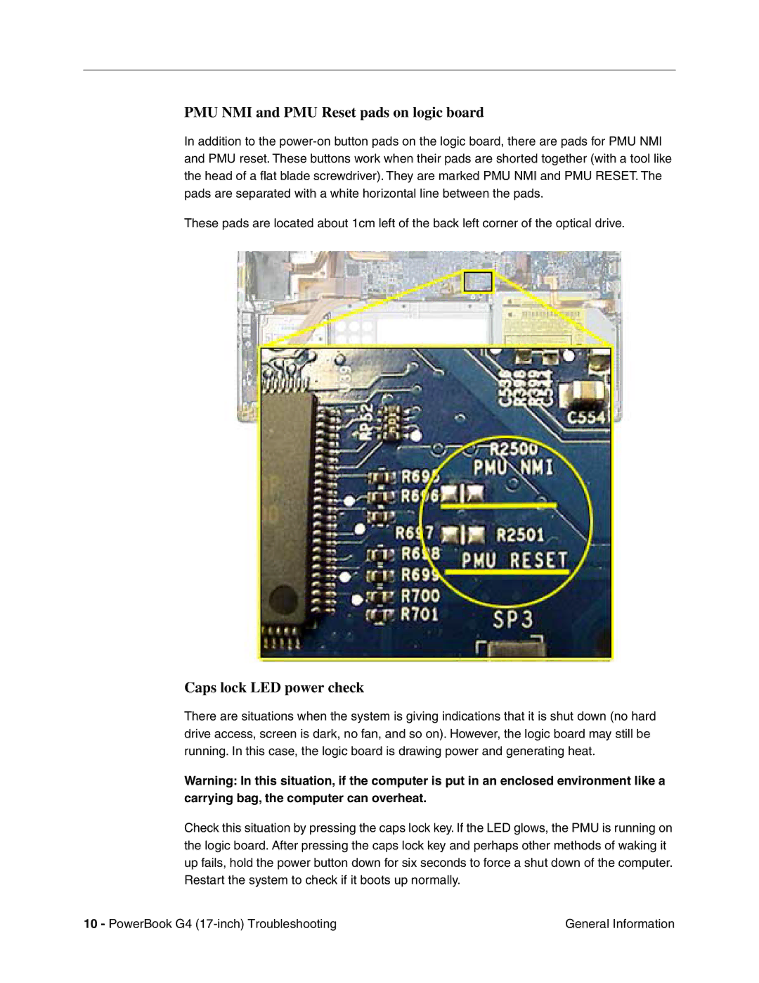 Apple Powerbank G4 manual PMU NMI and PMU Reset pads on logic board, Caps lock LED power check 